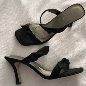 Black satin evening two strap heeled sandals